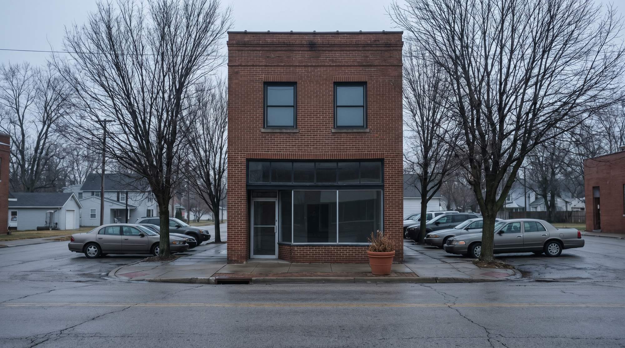 A two-storey brick building on a small-town main street, seen from across the road.